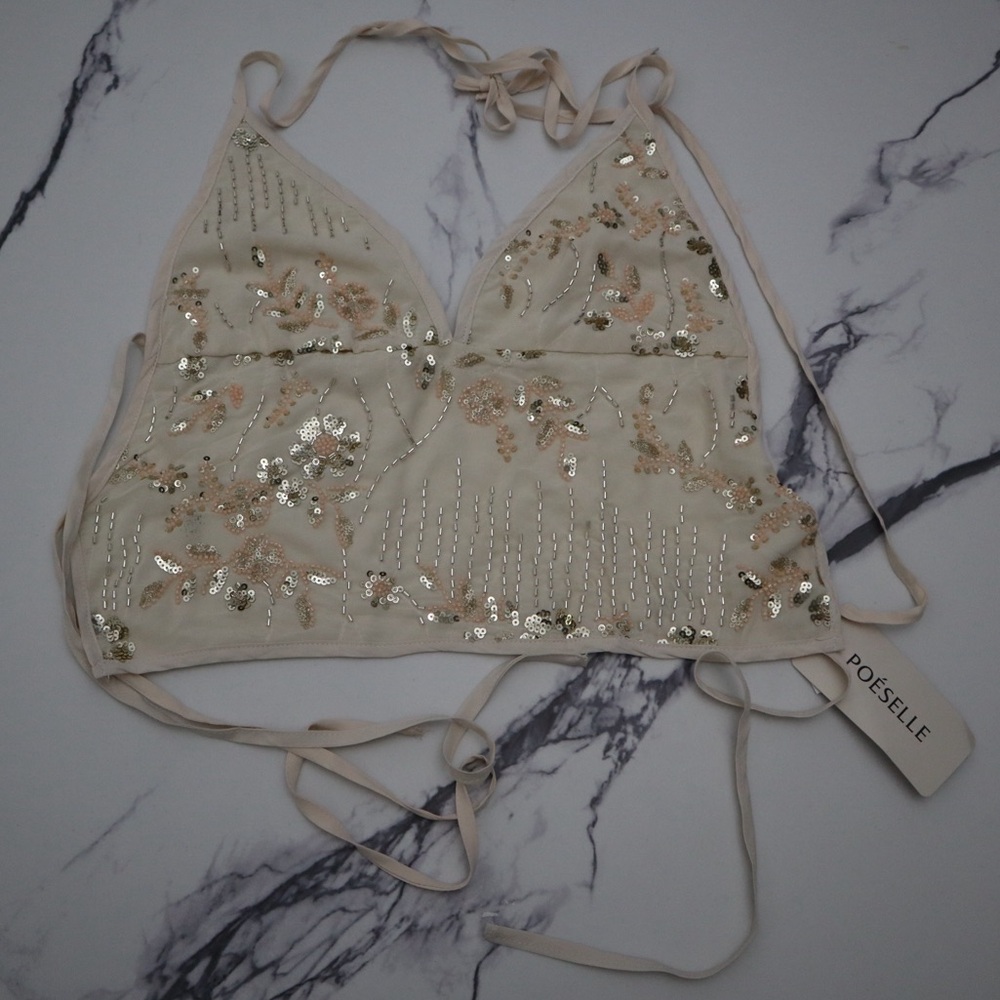 Cream Sequin Embellished Crop Top
